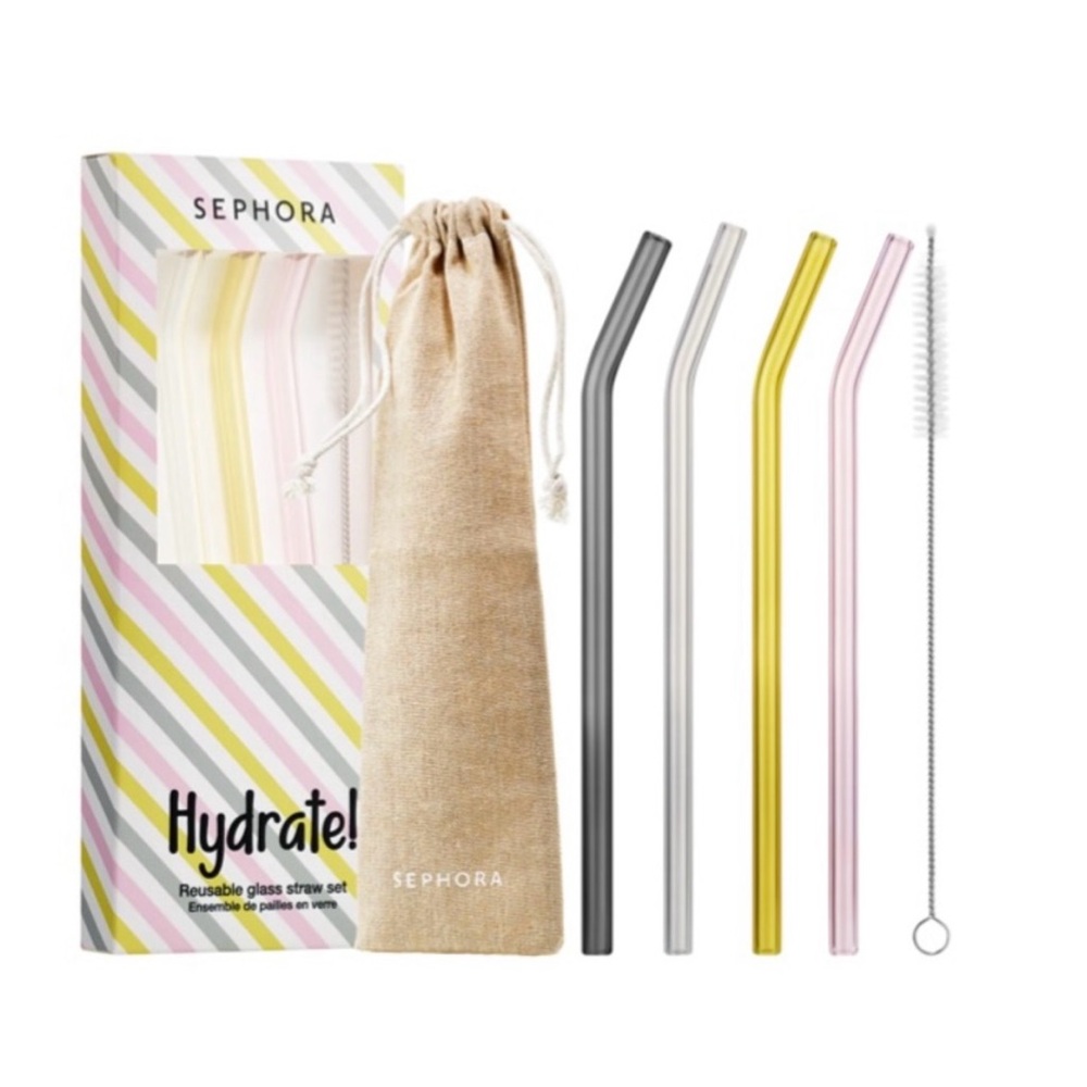 ❤️ Sephora Hydrate! 4pc Reusable Glass Straw Set (Pink, Clear, Yellow, Gray)